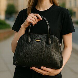 Lorenzi Black Fine South African Cape Buffalo Leather Satchel Handbag Medium